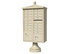 CMB 16-unit pedestal mount standard security cluster box with "Traditional" decorative cap and pedestal cover