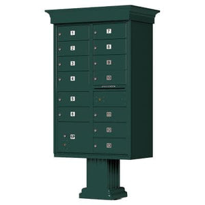 Auth Florence Cluster Boxes Forest Green / No Vital 1570-13V - 13 Tenant Door, 1 Parcel Locker, Decorative Classic Style Cap Security CBU Cluster Mailbox (Pedestal Included)