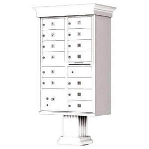 Auth Florence Cluster Boxes White / No Vital 1570-13V - 13 Tenant Door, 1 Parcel Locker, Decorative Classic Style Cap Security CBU Cluster Mailbox (Pedestal Included)