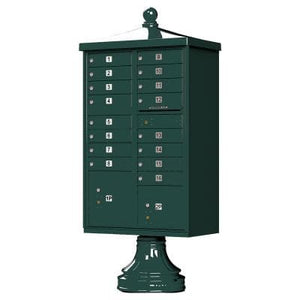 Auth Florence Cluster Boxes Forest Green / No Vital 1570-16V2 - 16 Tenant Door, 2 Parcel Lockers, Vogue Decorative Traditional Style Cap Security CBU Cluster Mailbox (Pedestal Included)