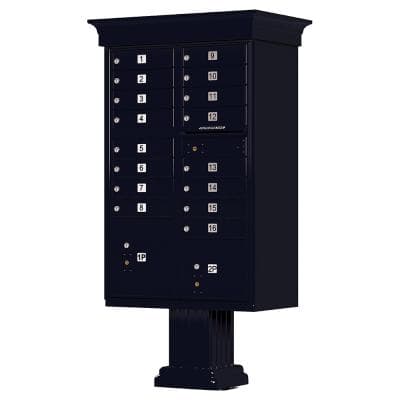 Auth Florence Cluster Boxes Black / No Vital 1570-16V - 16 Tenant Door, 2 Parcel Lockers, Decorative Classic Style Cap Security CBU Cluster Mailbox (Pedestal Included)