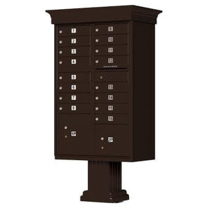 Auth Florence Cluster Boxes Dark Bronze / No Vital 1570-16V - 16 Tenant Door, 2 Parcel Lockers, Decorative Classic Style Cap Security CBU Cluster Mailbox (Pedestal Included)