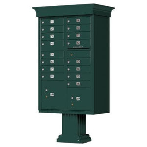 Auth Florence Cluster Boxes Forest Green / No Vital 1570-16V - 16 Tenant Door, 2 Parcel Lockers, Decorative Classic Style Cap Security CBU Cluster Mailbox (Pedestal Included)